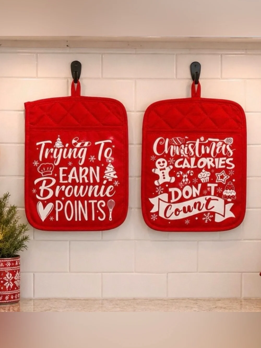 Festive Holiday Kitchen Pot Holders - Red with White Lettering - Set of 2